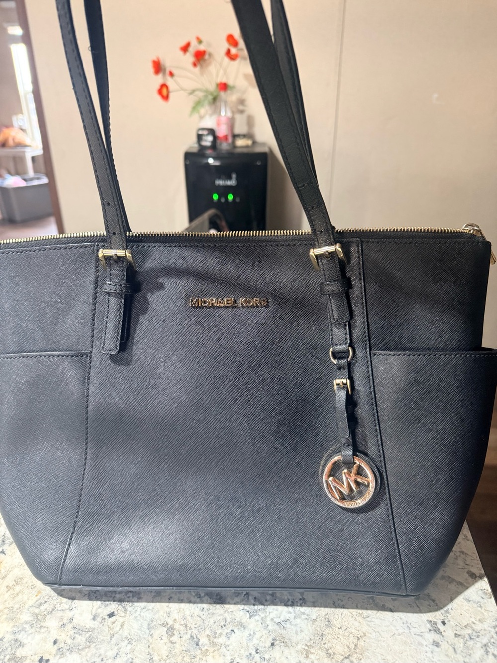 Michael Kors Black Saffiano Tote with Gold MK Charm READ PLEASE